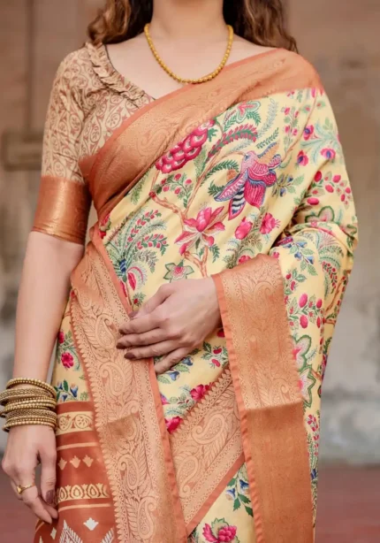 Elegant Beige Base Floral Bird Digital Printed Tussar Silk Saree