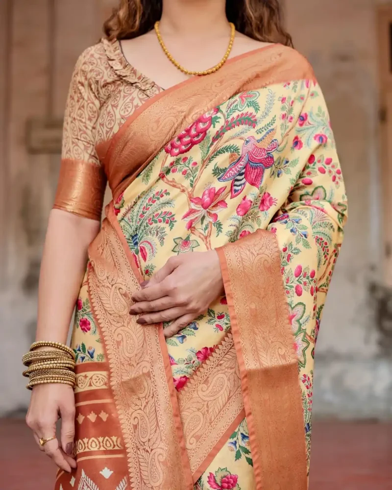 Elegant Beige Base Floral Bird Digital Printed Tussar Silk Saree