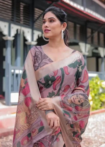Elegant Mauve Multicolor Artistic Digital Printed Linen Saree