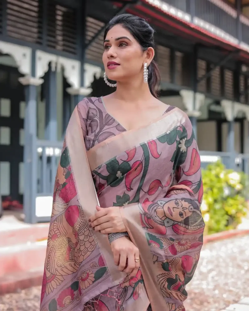 Elegant Mauve Multicolor Artistic Digital Printed Linen Saree
