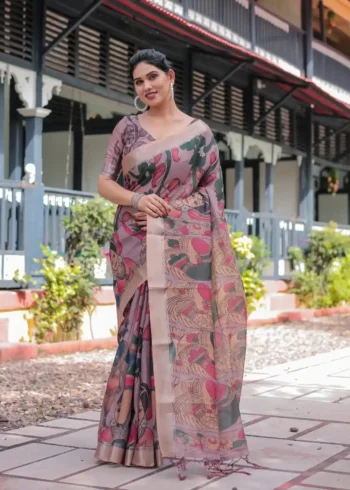 Elegant Mauve Multicolor Artistic Digital Printed Linen Saree