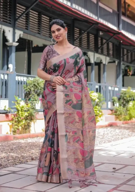 Elegant Mauve Multicolor Artistic Digital Printed Linen Saree