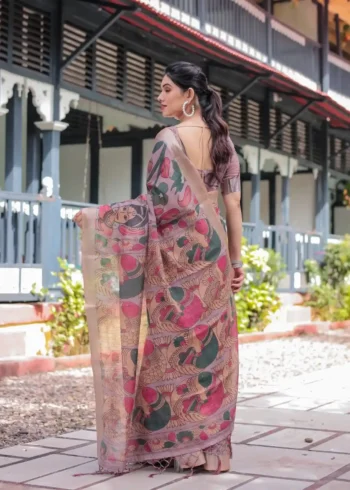 Elegant Mauve Multicolor Artistic Digital Printed Linen Saree