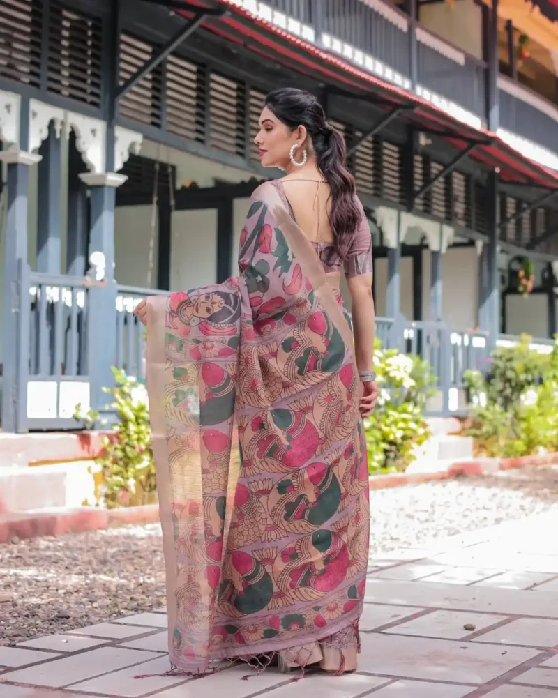 Elegant Mauve Multicolor Artistic Digital Printed Linen Saree