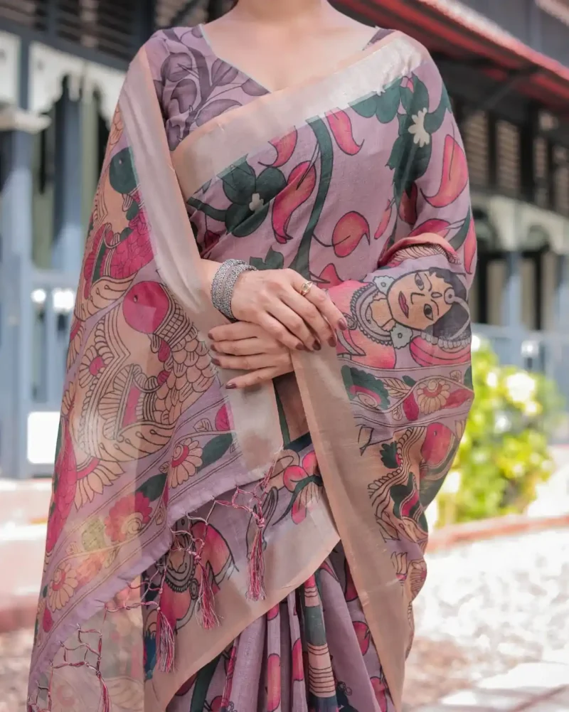Elegant Mauve Multicolor Artistic Digital Printed Linen Saree