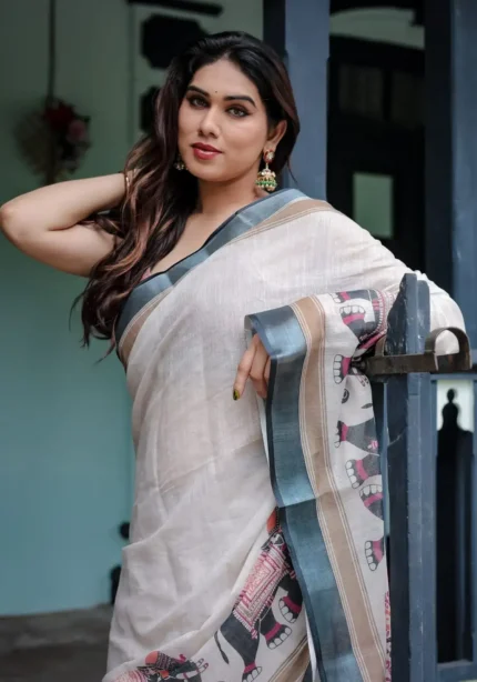 Elegant Off White Linen Saree With a Grey Border