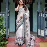 Elegant Off White Linen Saree With a Grey Border