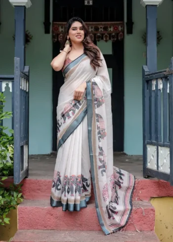 Elegant Off White Linen Saree With a Grey Border