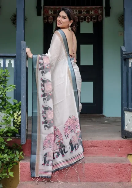 Elegant Off White Linen Saree With a Grey Border