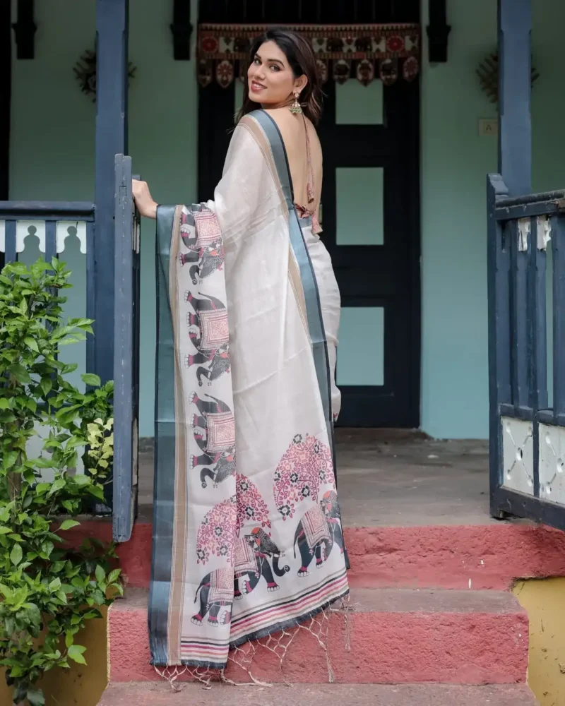 Elegant Off White Linen Saree With a Grey Border
