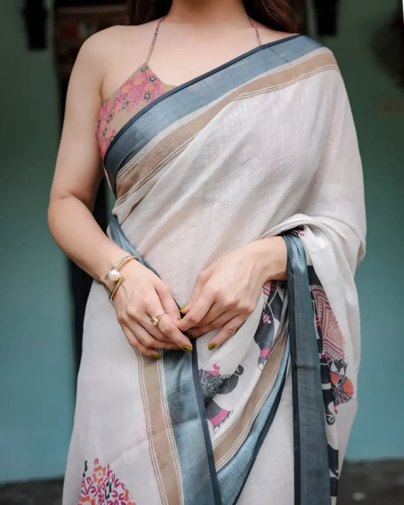 Elegant Off White Linen Saree With a Grey Border