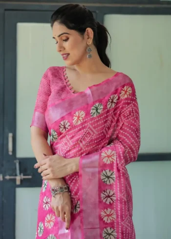 Elegant Pink Bandhani Linen Saree