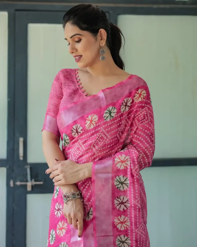 Elegant Pink Bandhani Linen Saree