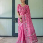 Elegant Pink Bandhani Linen Saree