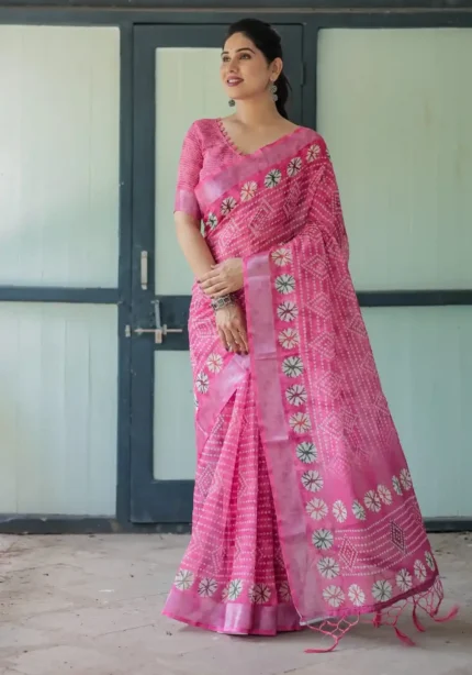 Elegant Pink Bandhani Linen Saree