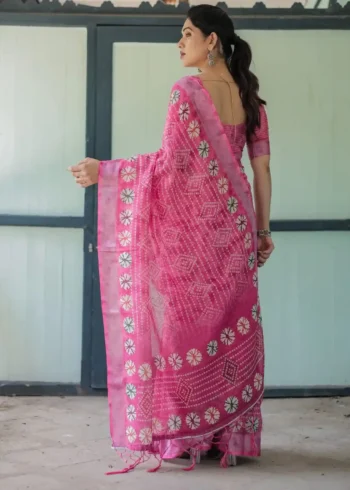Elegant Pink Bandhani Linen Saree