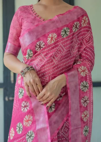 Elegant Pink Bandhani Linen Saree