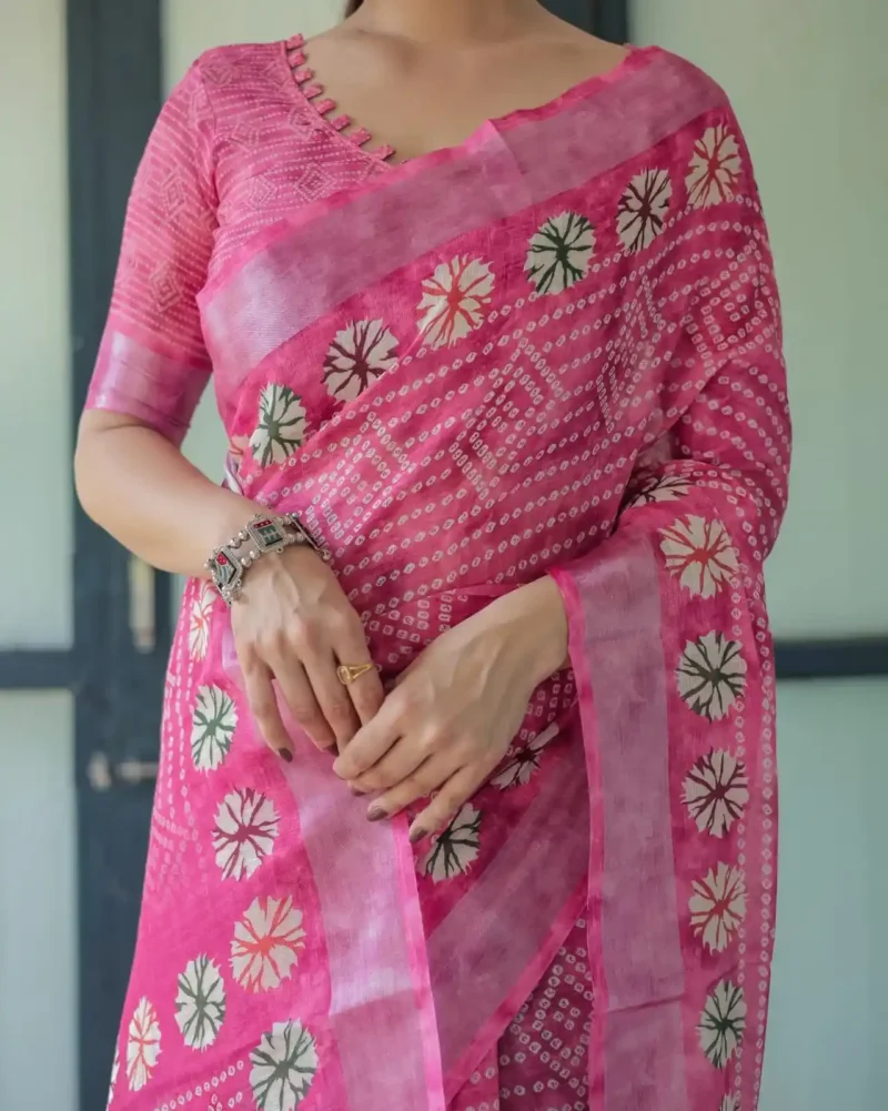 Elegant Pink Bandhani Linen Saree