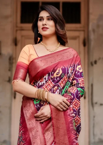 Elephant Peacock Motifs Ikat Digital Print Tussar Silk Saree