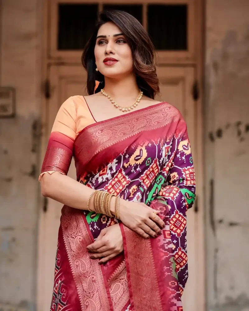 Elephant Peacock Motifs Ikat Digital Print Tussar Silk Saree