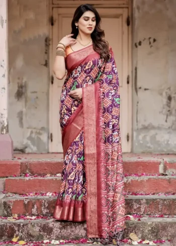 Buy Purple Colour Saree 4 Elephant Peacock Motifs Ikat Digital Print Tussar Silk Saree
