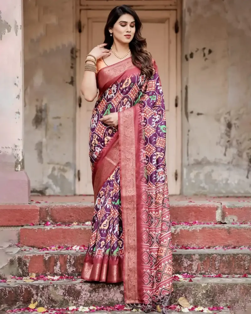 Elephant Peacock Motifs Ikat Digital Print Tussar Silk Saree