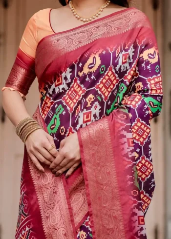 Elephant Peacock Motifs Ikat Digital Print Tussar Silk Saree
