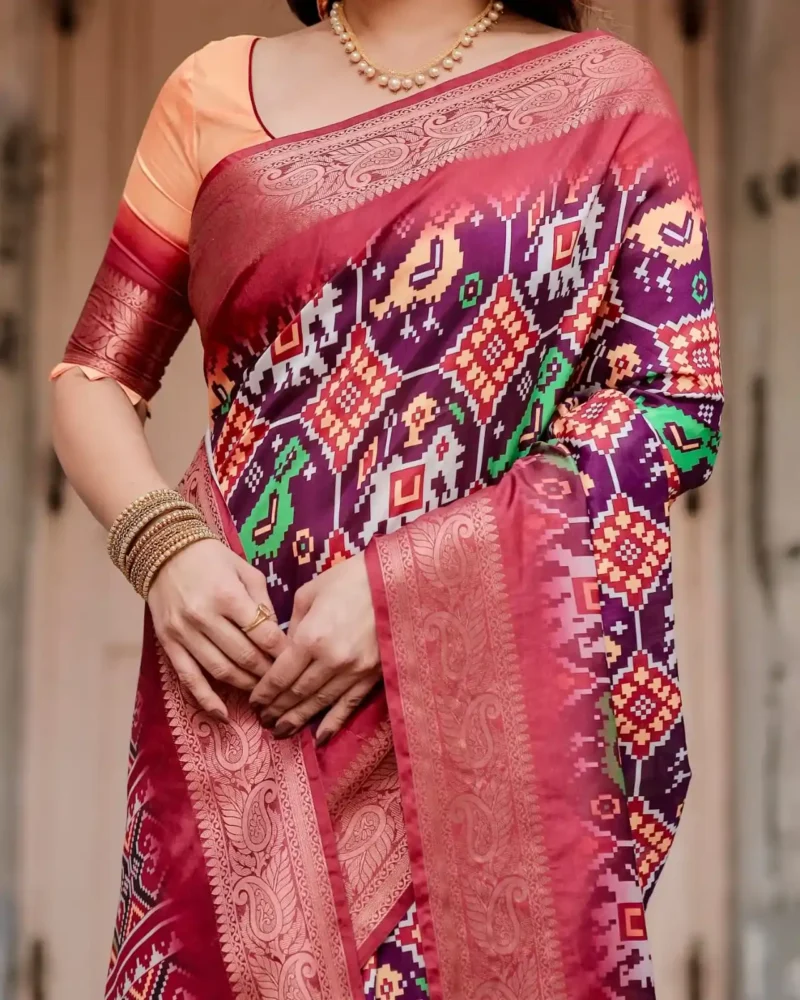 Elephant Peacock Motifs Ikat Digital Print Tussar Silk Saree