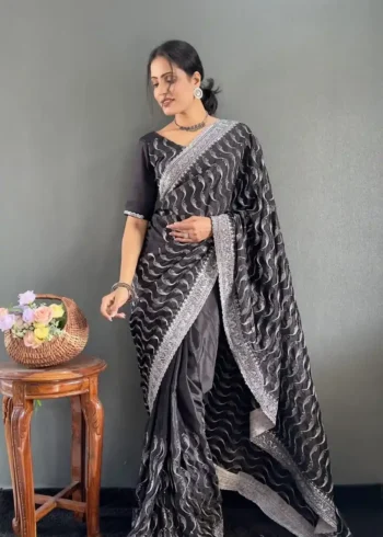 Embroidery Multi Sequence Arco Cut Work Chinon Silk Saree