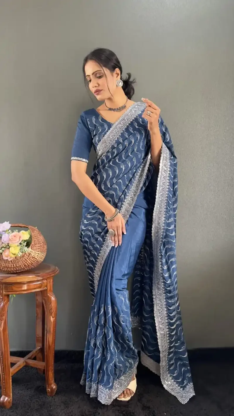 Embroidery Multi Sequence Arco Cut Work Chinon Silk Saree