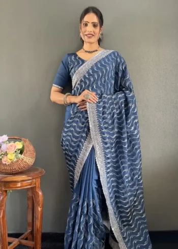 Embroidery Multi Sequence Arco Cut Work Chinon Silk Saree