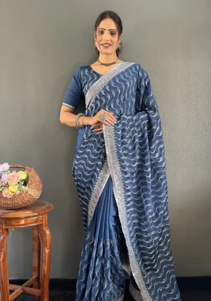 Embroidery Multi Sequence Arco Cut Work Chinon Silk Saree