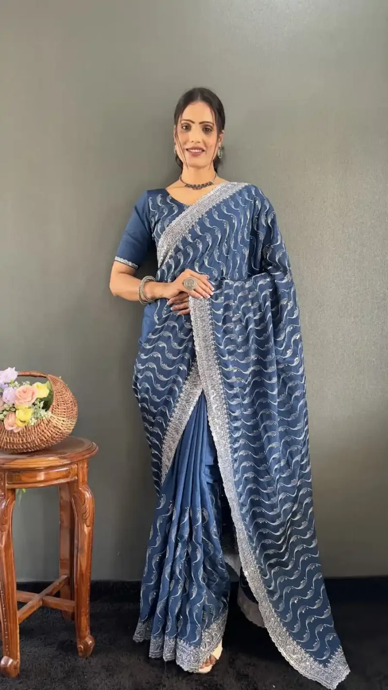 Embroidery Multi Sequence Arco Cut Work Chinon Silk Saree