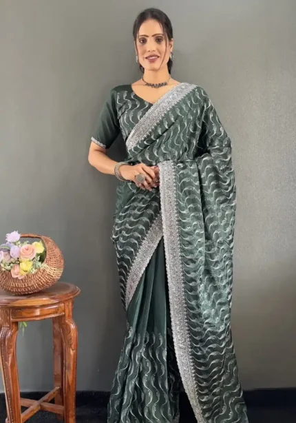 Embroidery Multi Sequence Arco Cut Work Chinon Silk Saree