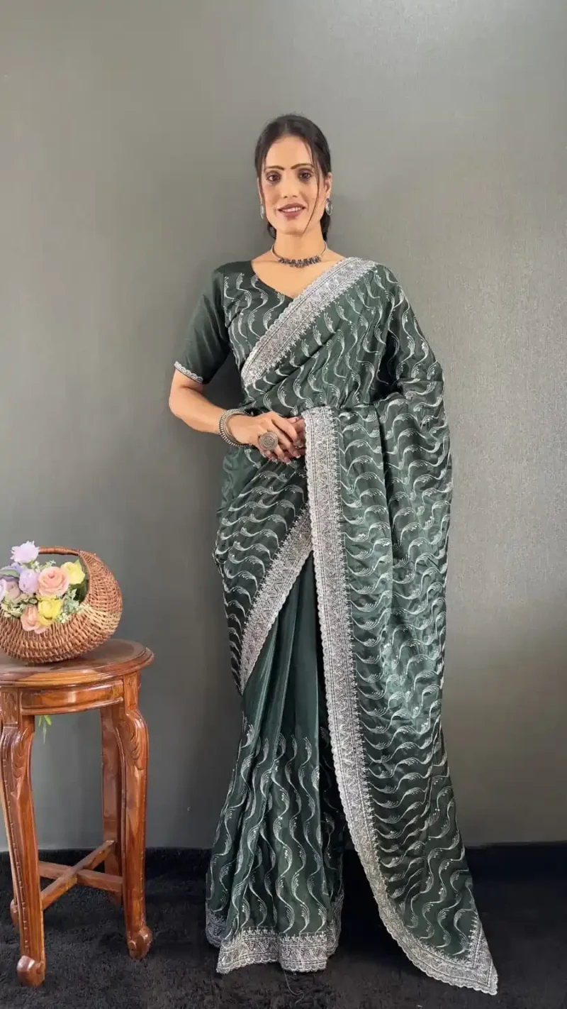 Embroidery Multi Sequence Arco Cut Work Chinon Silk Saree