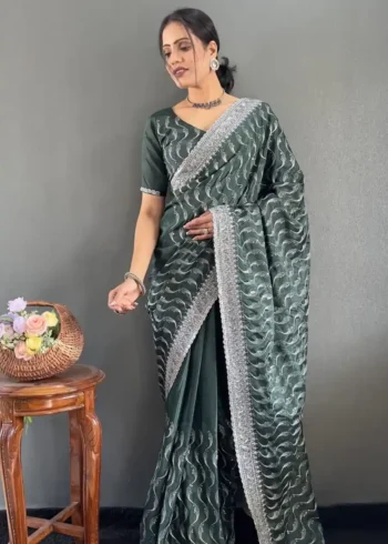 Embroidery Multi Sequence Arco Cut Work Chinon Silk Saree