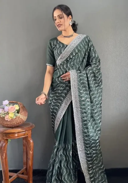 Embroidery Multi Sequence Arco Cut Work Chinon Silk Saree