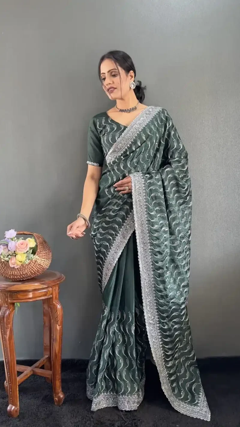 Embroidery Multi Sequence Arco Cut Work Chinon Silk Saree