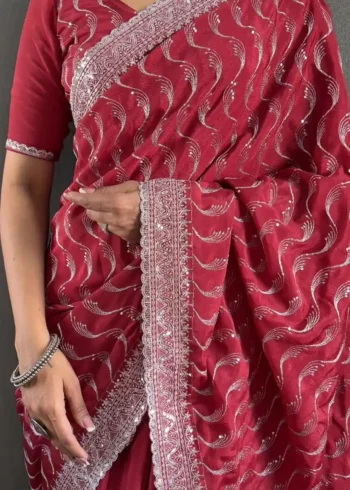 Embroidery Multi Sequence Arco Cut Work Chinon Silk Saree