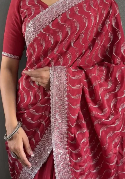 Embroidery Multi Sequence Arco Cut Work Chinon Silk Saree