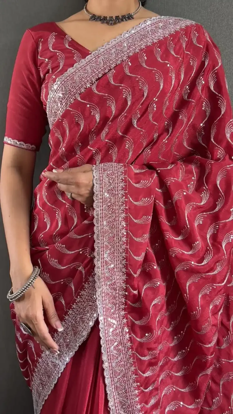 Embroidery Multi Sequence Arco Cut Work Chinon Silk Saree