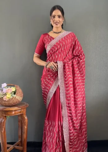 Embroidery Multi Sequence Arco Cut Work Chinon Silk Saree
