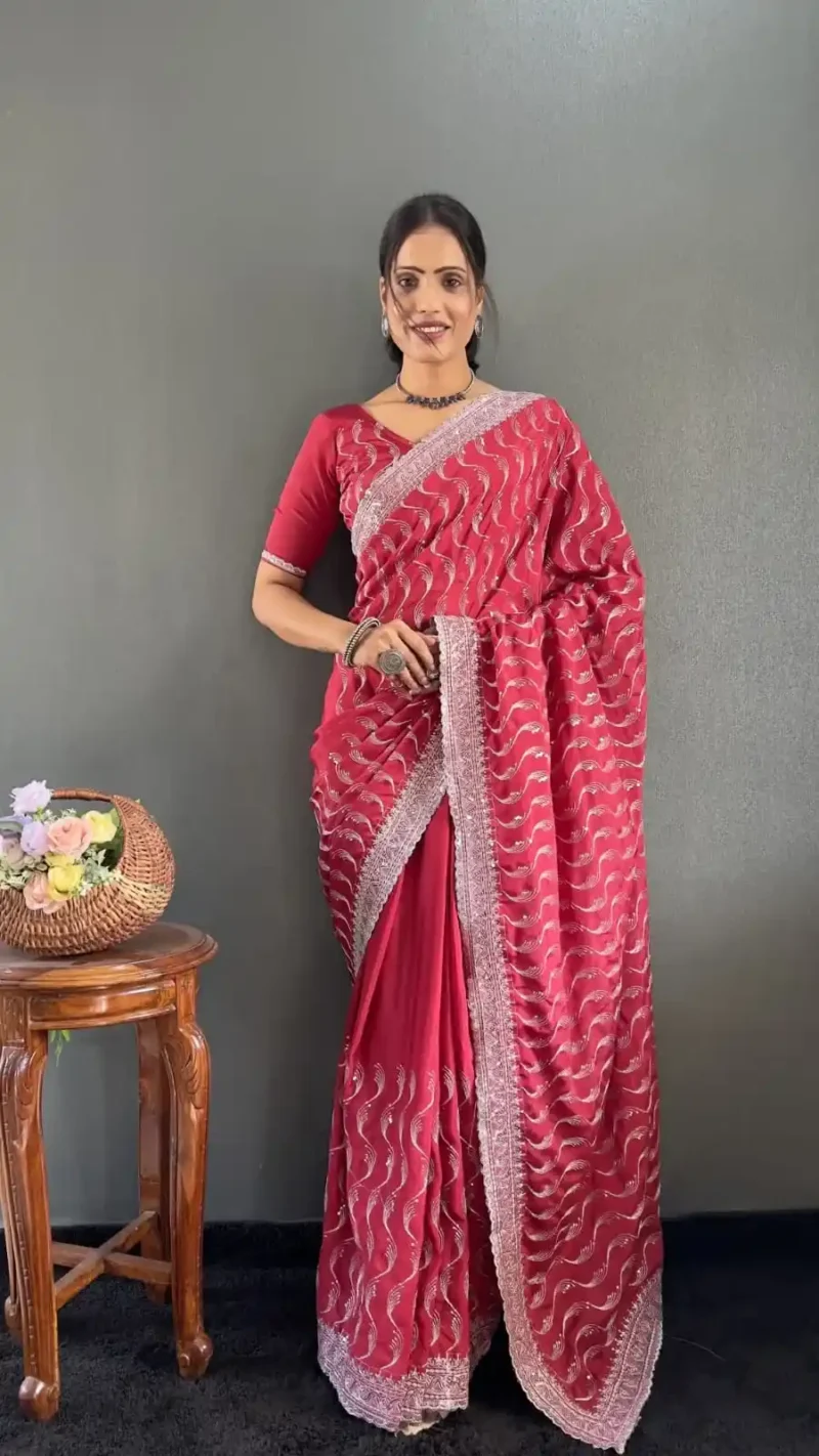Embroidery Multi Sequence Arco Cut Work Chinon Silk Saree