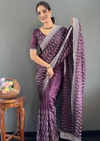 Embroidery Multi Sequence Arco Cut Work Chinon Silk Saree