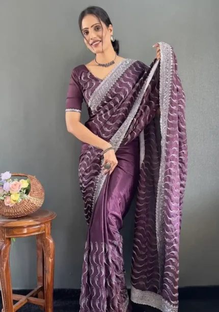 Embroidery Multi Sequence Arco Cut Work Chinon Silk Saree