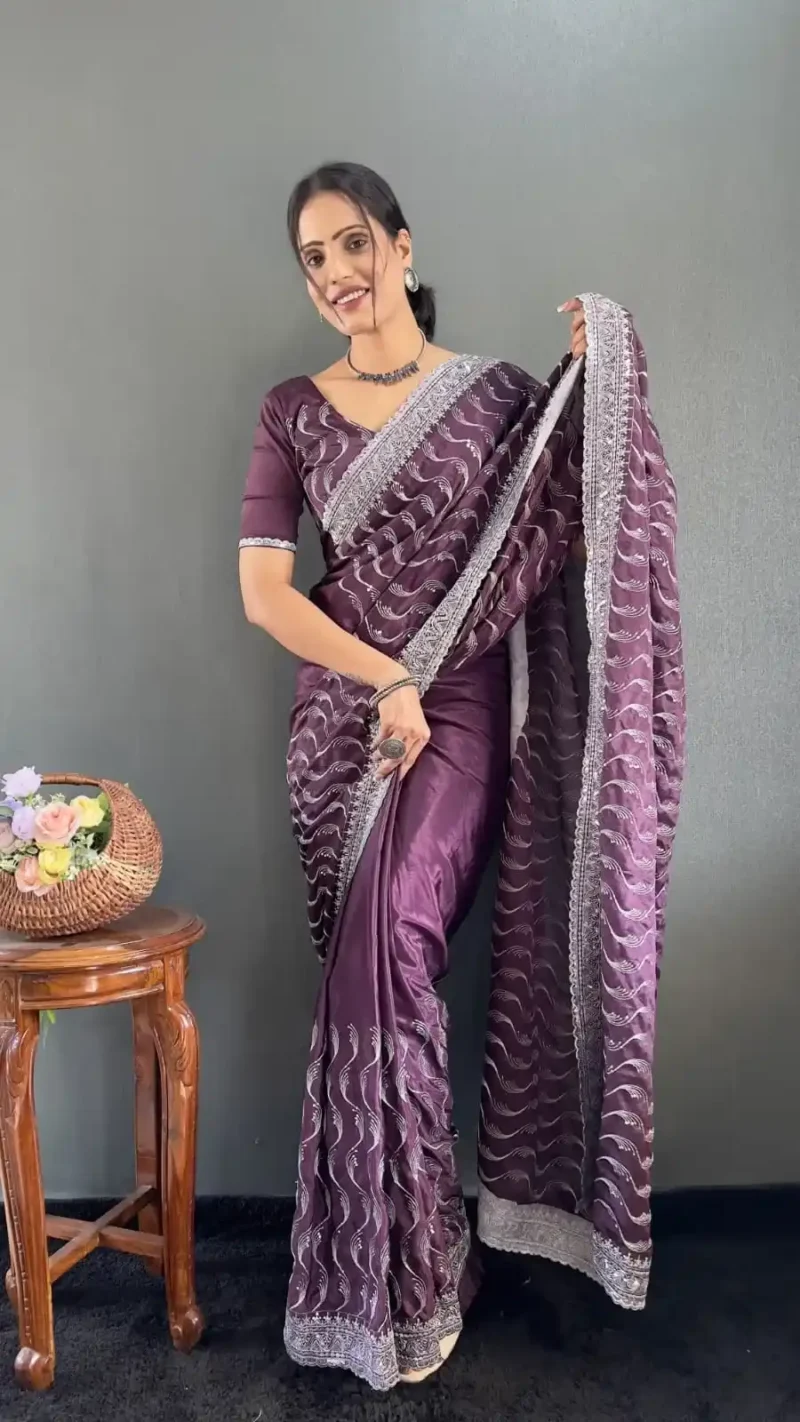 Embroidery Multi Sequence Arco Cut Work Chinon Silk Saree