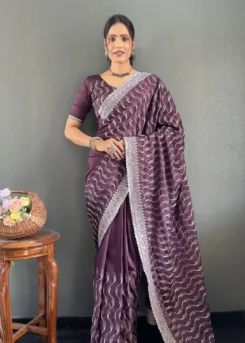 Embroidery Multi Sequence Arco Cut Work Chinon Silk Saree