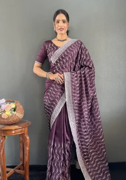 Embroidery Multi Sequence Arco Cut Work Chinon Silk Saree