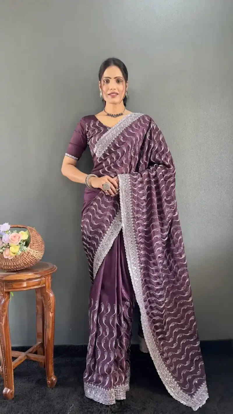 Embroidery Multi Sequence Arco Cut Work Chinon Silk Saree