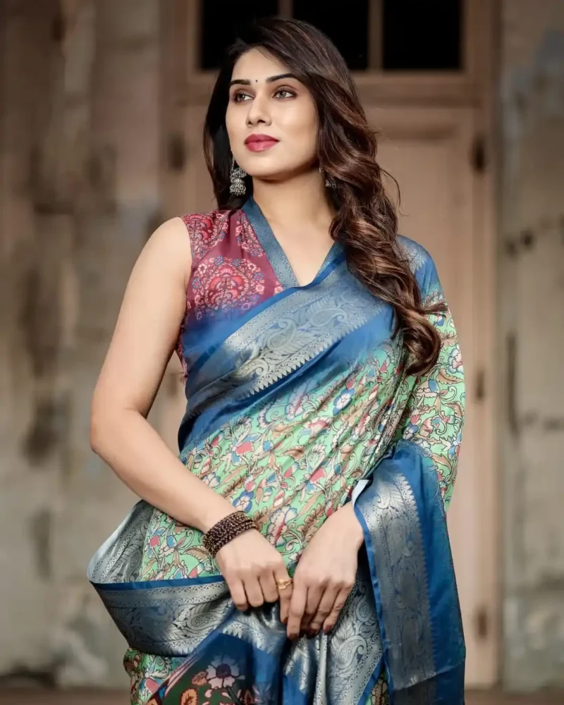 Emerald Green Intricate Floral Heritage Digital Printed Tussar Silk Saree